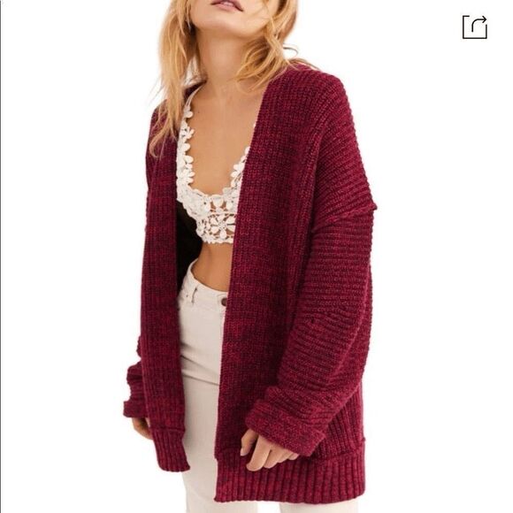 FREE PEOPLE High Hopes Cardigan Red Slouchy Chunky Knit Ribbed Cuff Open Front S - Picture 1 of 11
